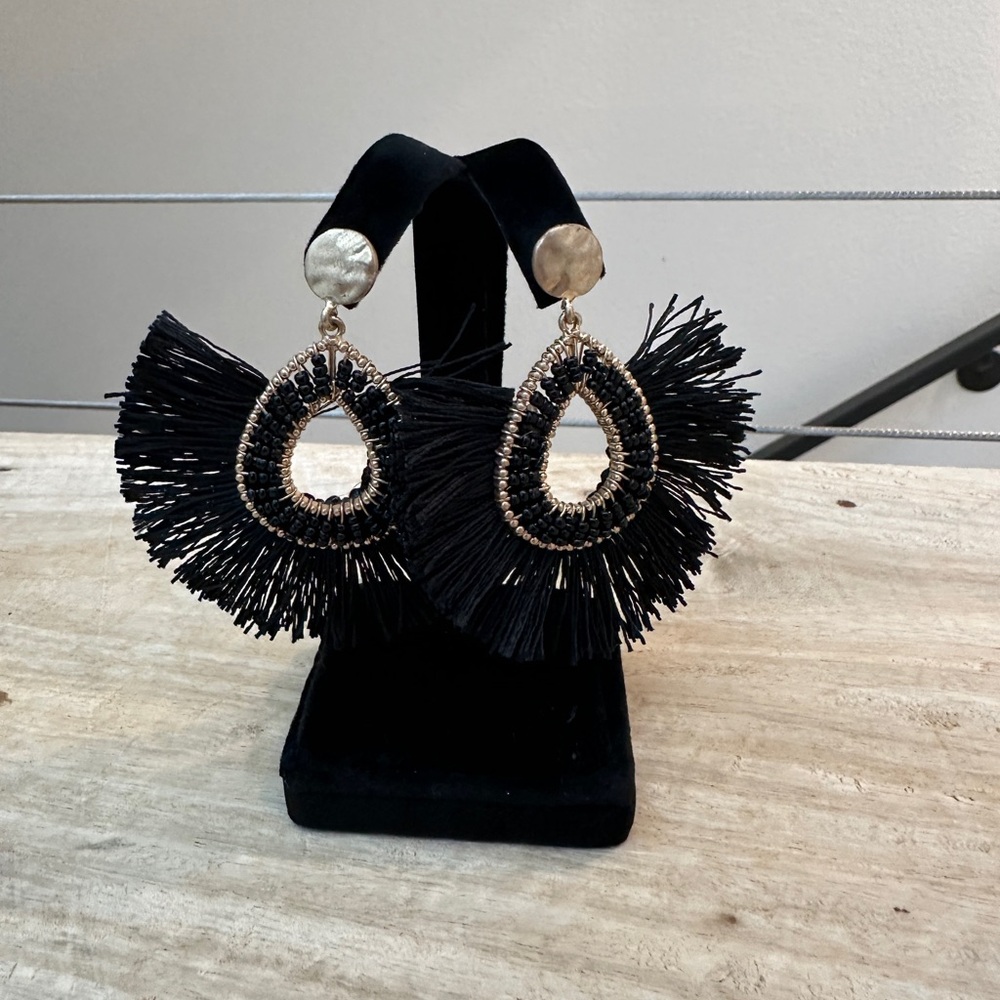 Black Gold Beaded Fringe Earring Teardrop Statement Earring Boho Chic Night Out